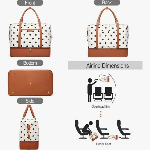 NWT Polka Dot Weekend Travel Bag Set in White & Brown - Picture 7 of 7
